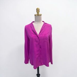 Sezane Florence 100% Silk Blouse Button Down Sz 36/4 Fushcia Pink Luxury Preppy